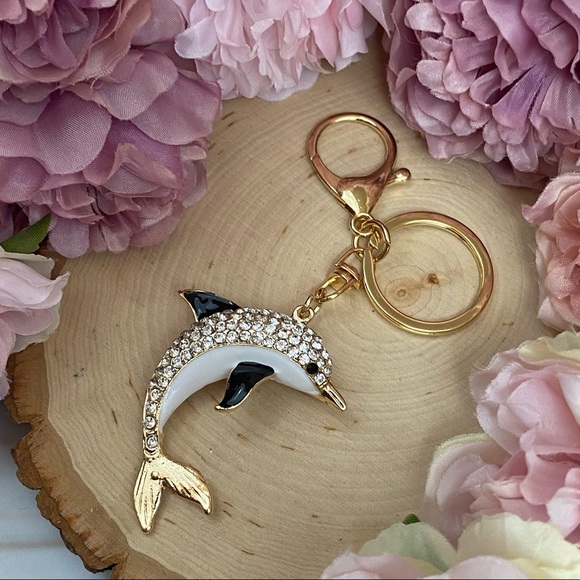Black White & Gold Crystal Dolphin Charm Keychain - Picture 13 of 16